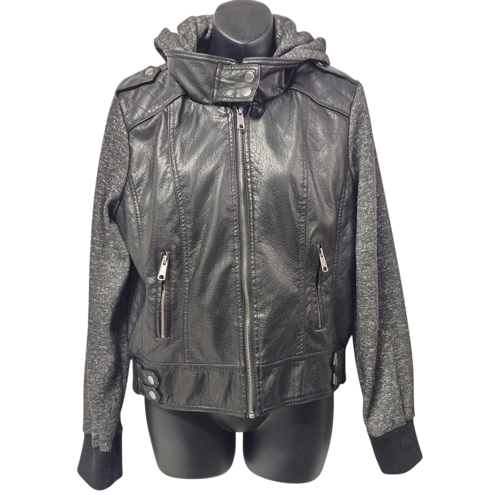 Urbanology Women's Black Faux Leather Hooded Zip Up Lined  Jacket Size XL